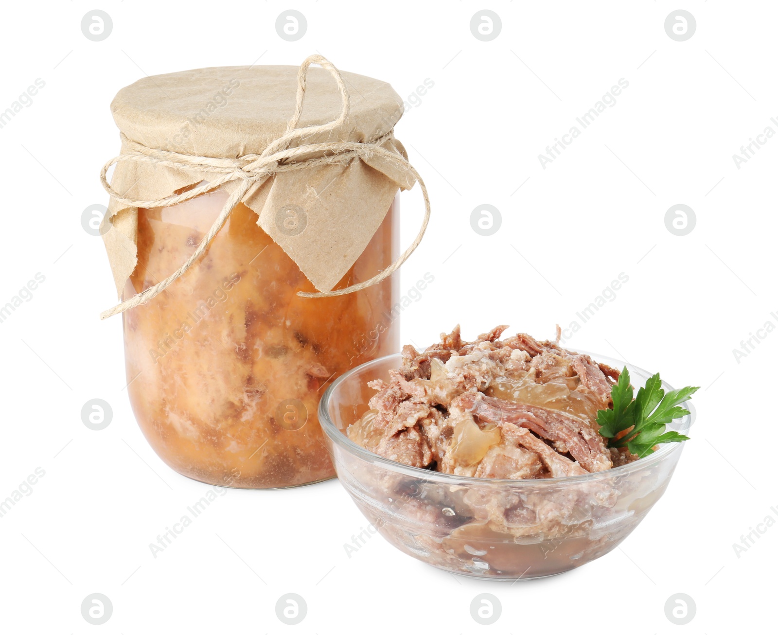 Photo of Canned meat in glass bowl, jar and parsley isolated on white