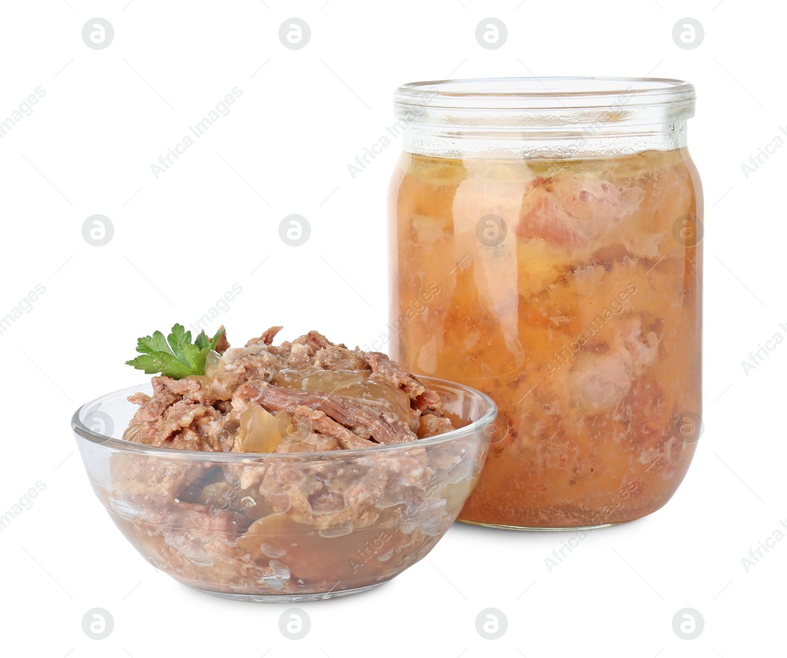 Photo of Canned meat in glass bowl, jar and parsley isolated on white