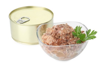 Photo of Canned meat in glass bowl, tin can and parsley isolated on white