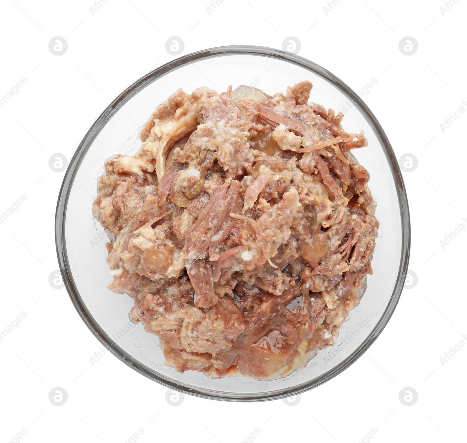 Photo of Canned meat in bowl isolated on white, top view