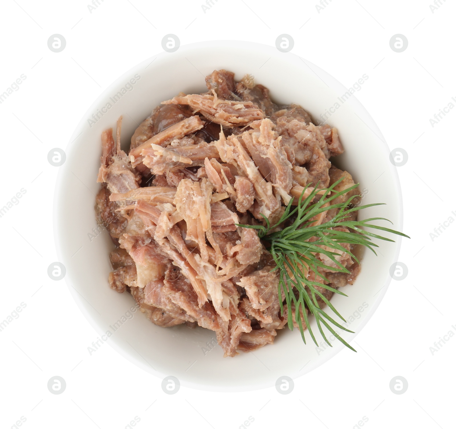 Photo of Canned meat and dill in bowl isolated on white, top view