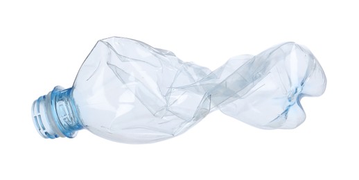 Photo of One crumpled plastic bottle isolated on white