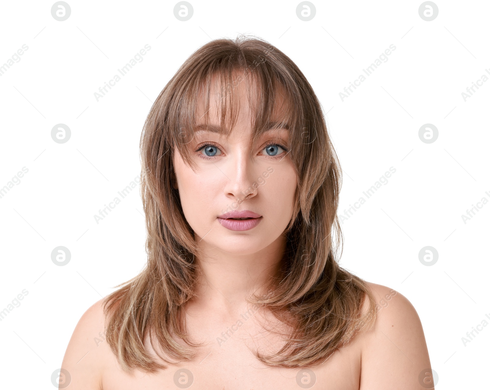 Photo of Attractive woman with stylish haircut on white background