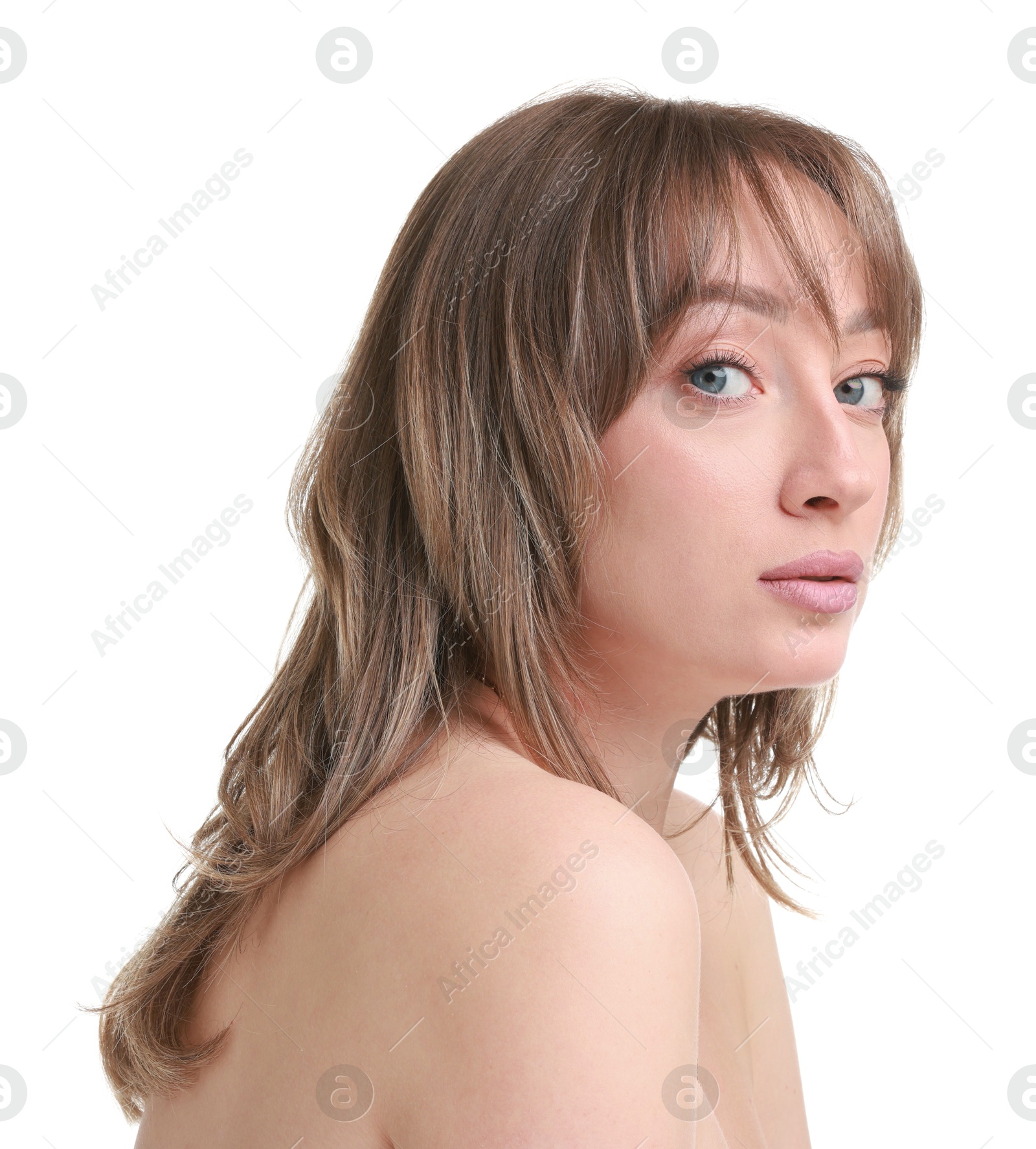 Photo of Attractive woman with stylish haircut on white background