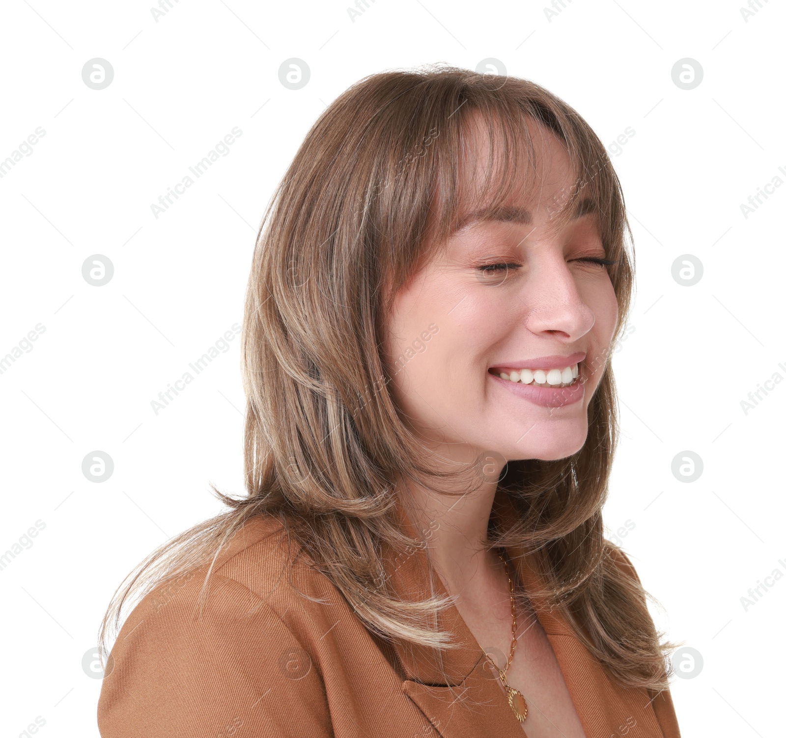 Photo of Attractive woman with stylish haircut on white background