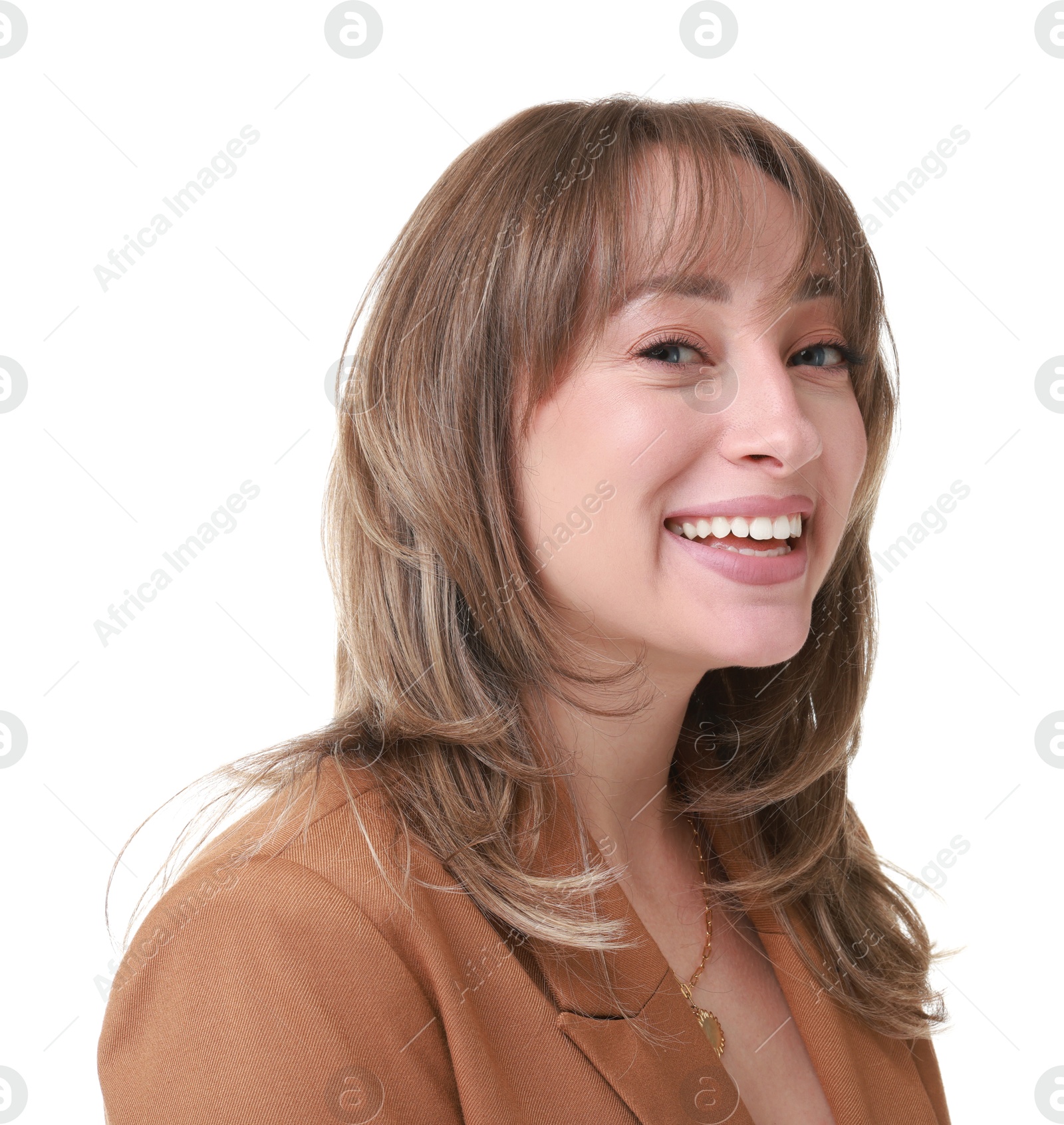 Photo of Attractive woman with stylish haircut on white background