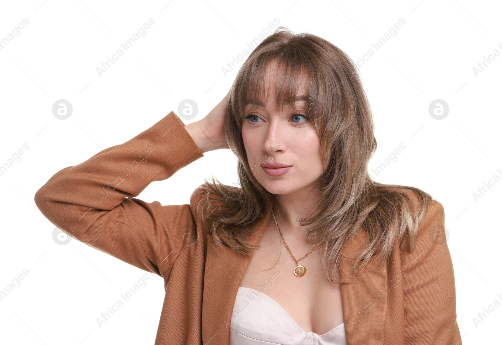 Photo of Attractive woman with stylish haircut on white background