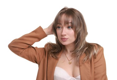 Photo of Attractive woman with stylish haircut on white background