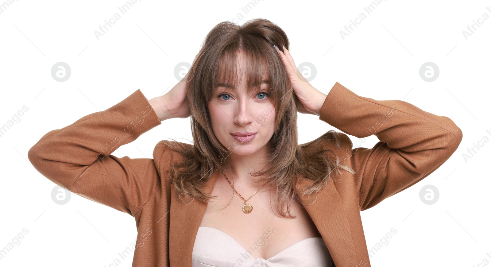 Photo of Attractive woman with stylish haircut on white background