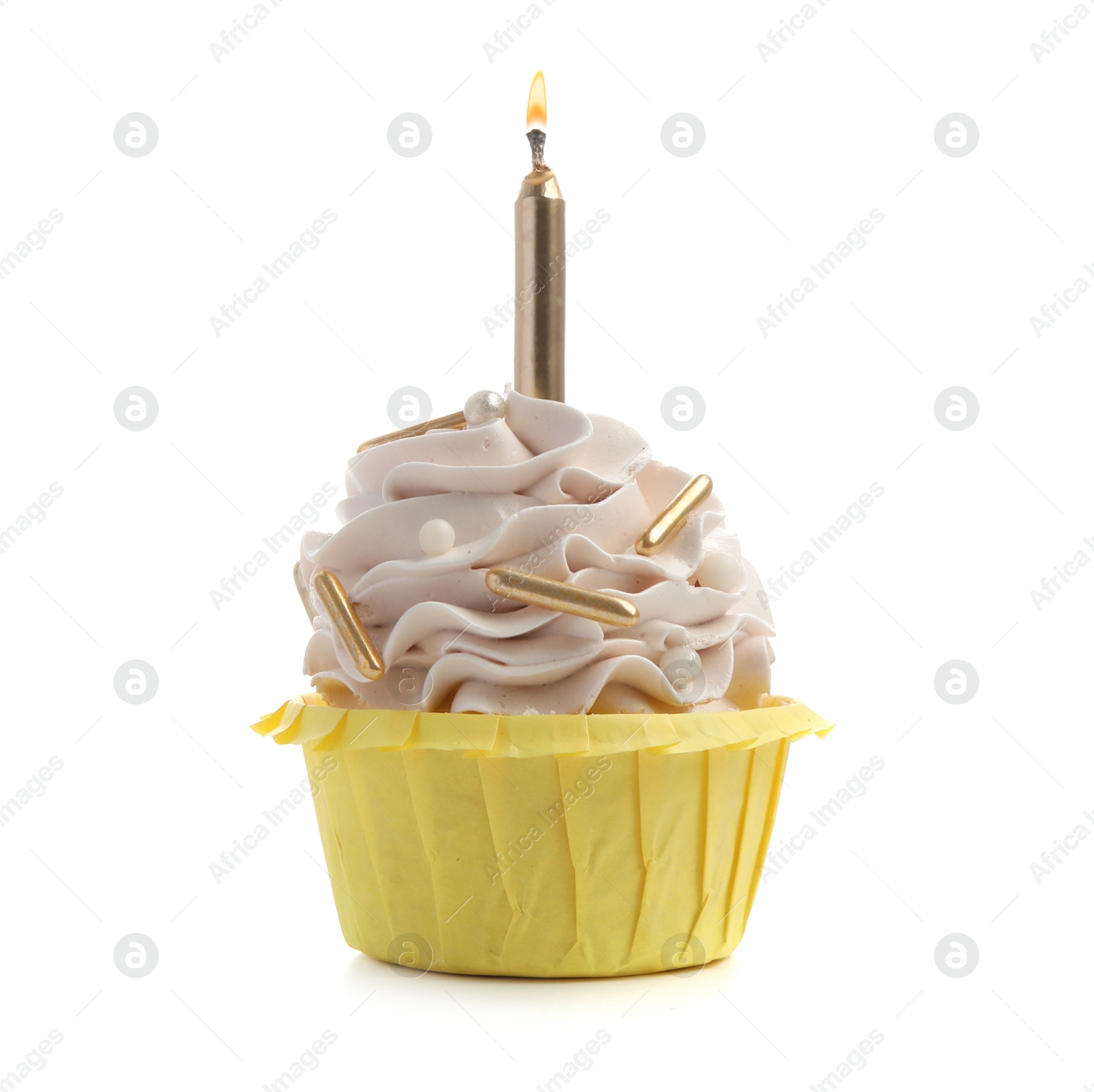 Photo of Birthday cupcake with candle isolated on white