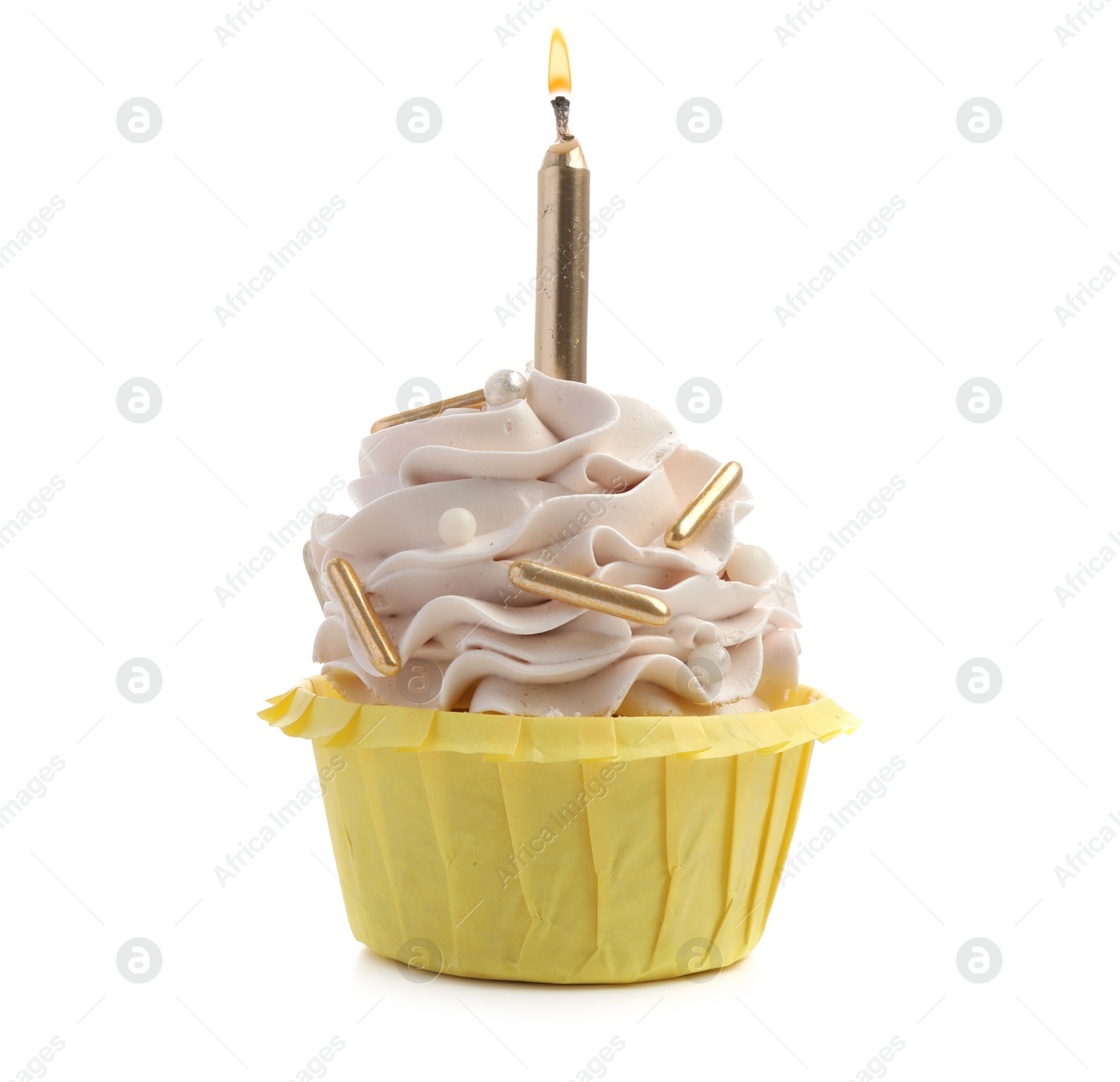 Photo of Birthday cupcake with candle isolated on white