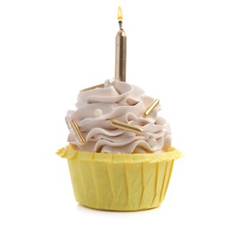 Photo of Birthday cupcake with candle isolated on white