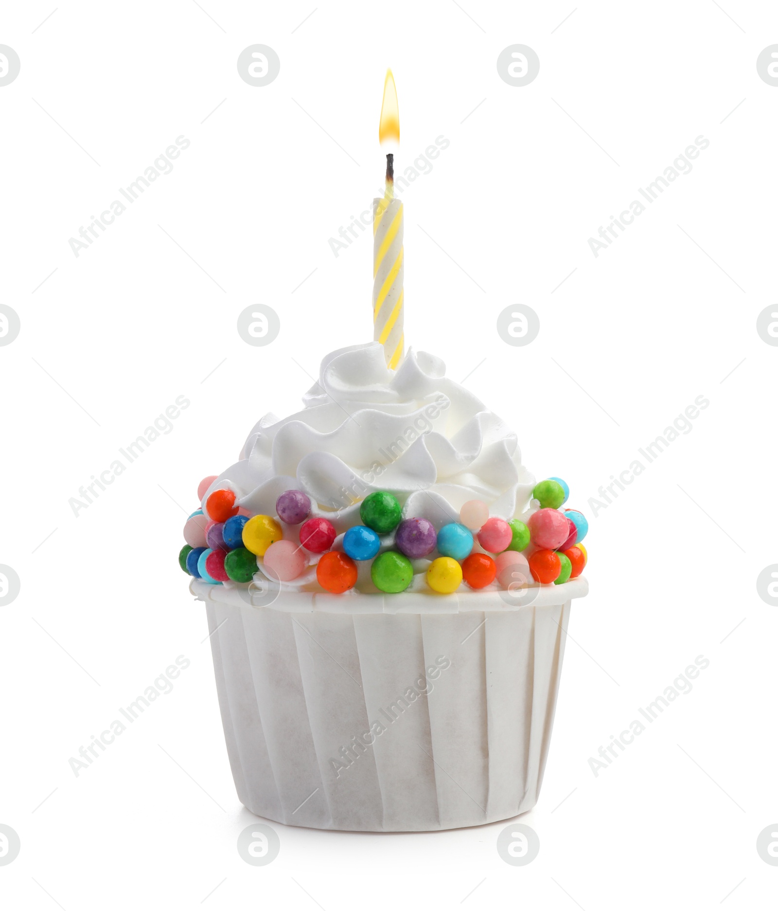 Photo of Birthday cupcake with candle isolated on white