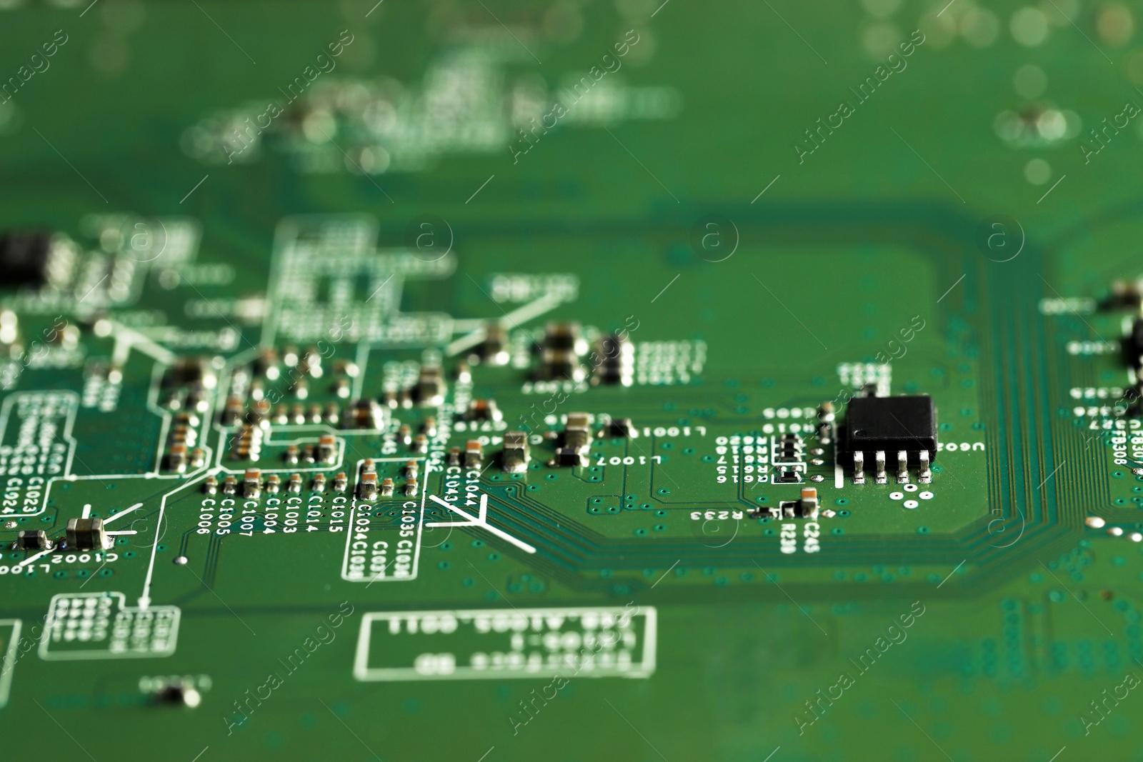 Photo of Computer circuit board, macro view. Electronic engineering