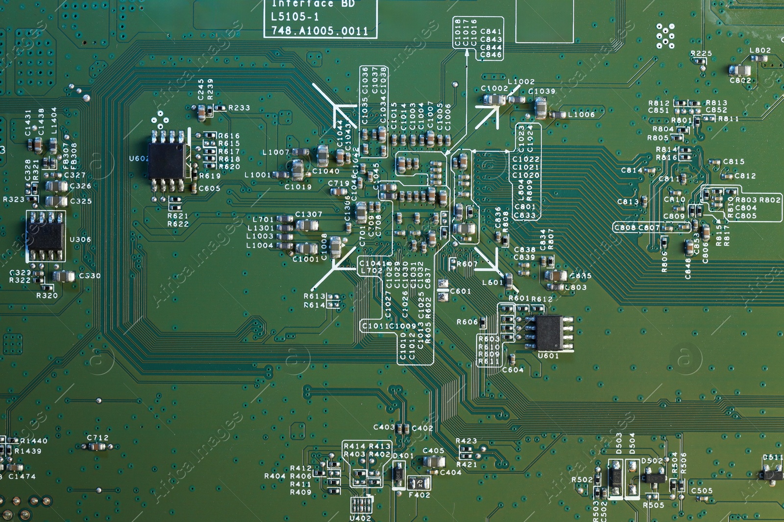 Photo of Electronic circuit board as background, top view