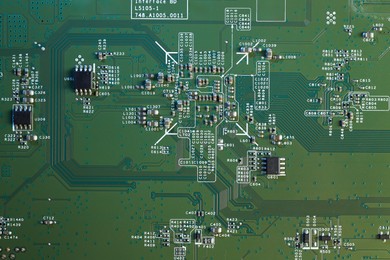 Photo of Electronic circuit board as background, top view