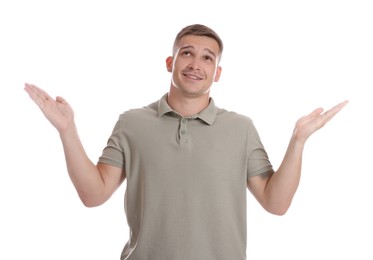 Photo of Portrait of happy winner on white background