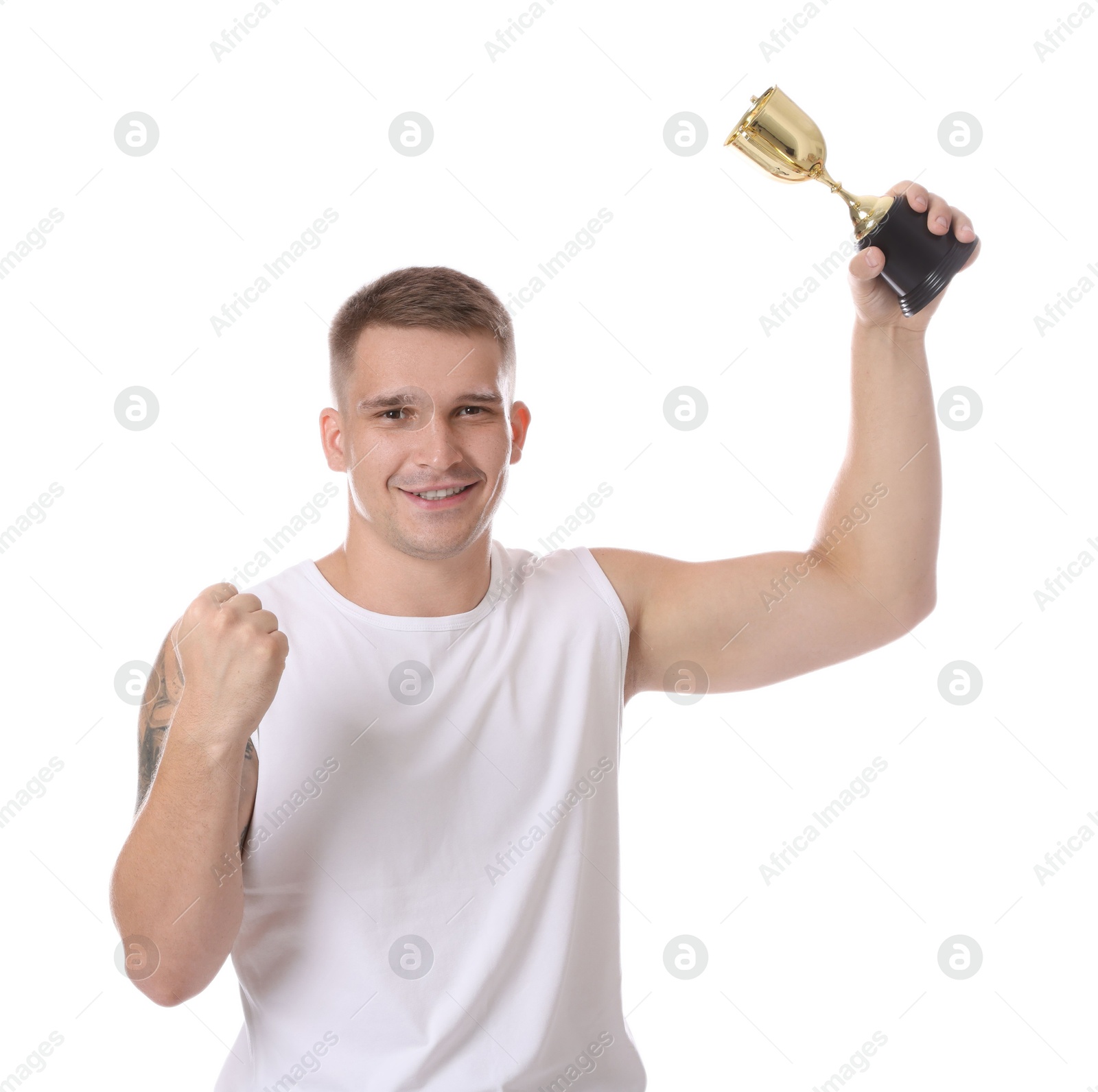 Photo of Happy winner with golden trophy cup on white background