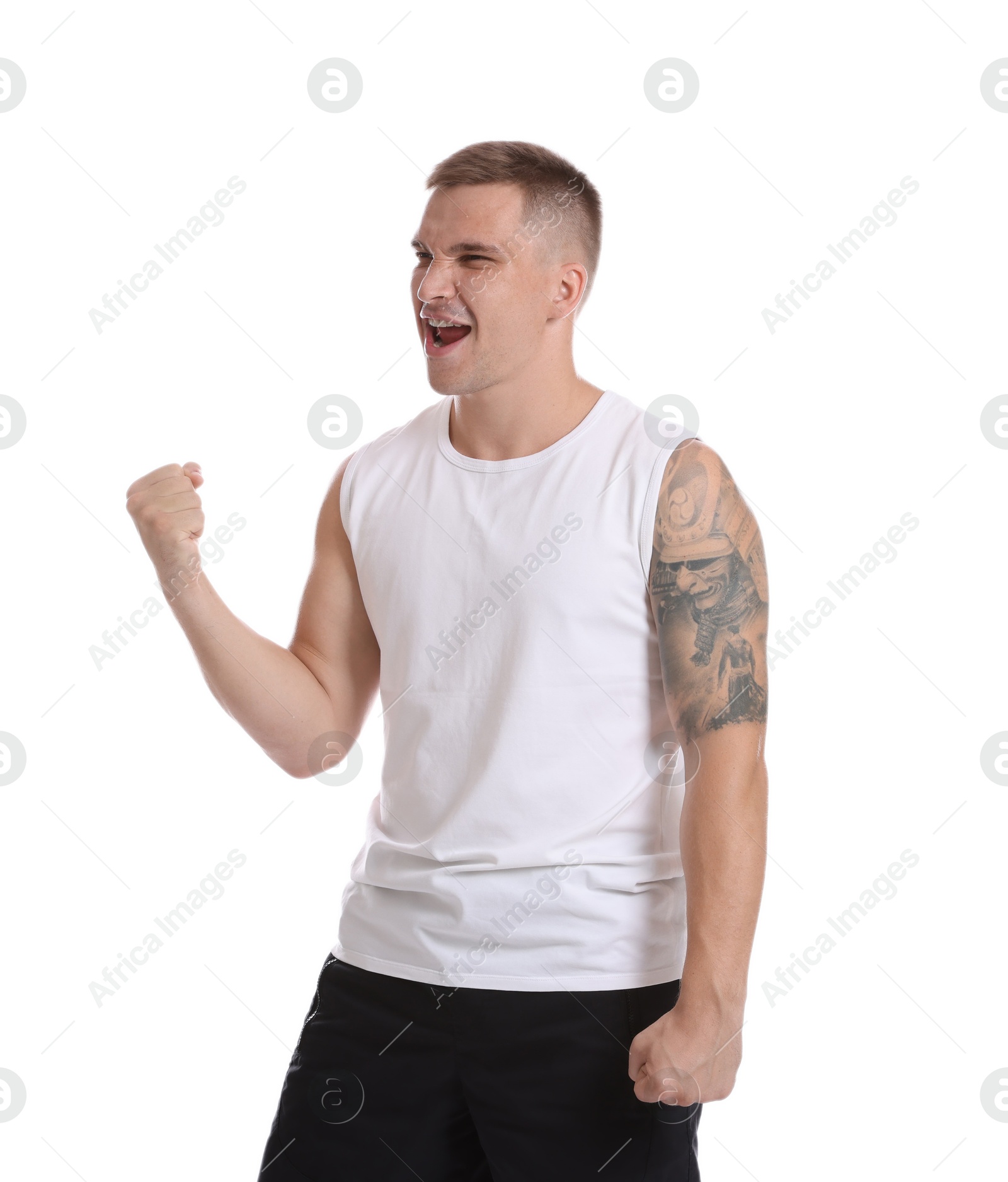 Photo of Portrait of happy winner on white background