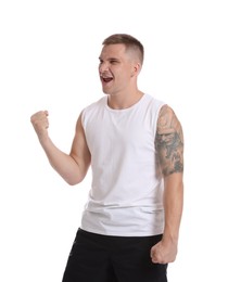 Photo of Portrait of happy winner on white background