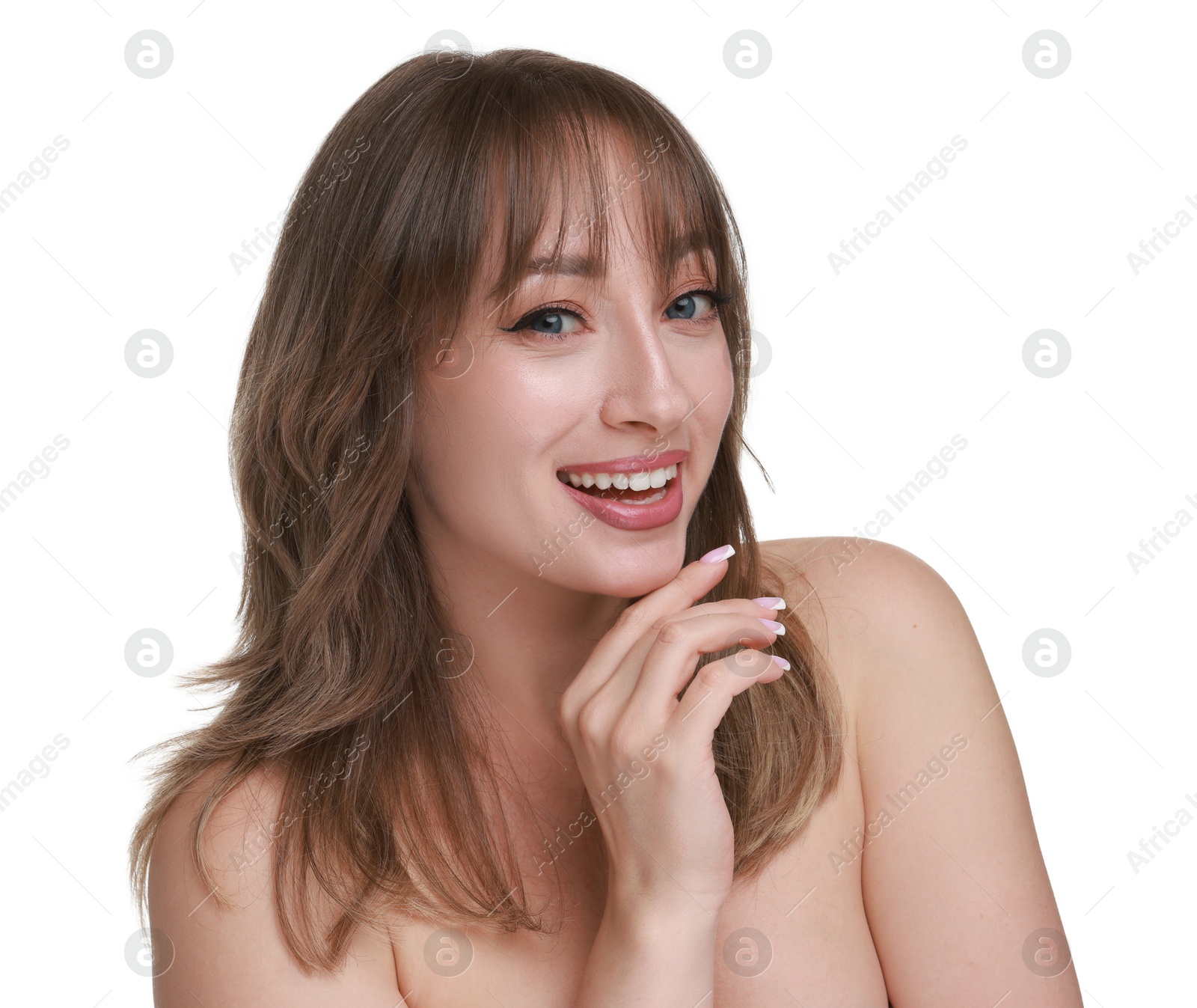 Photo of Attractive woman with stylish haircut on white background