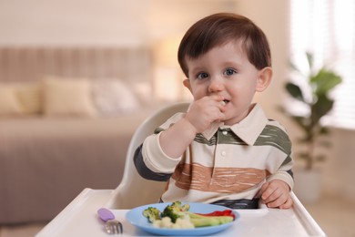 Photo of Cute little baby eating healthy food in high chair at home