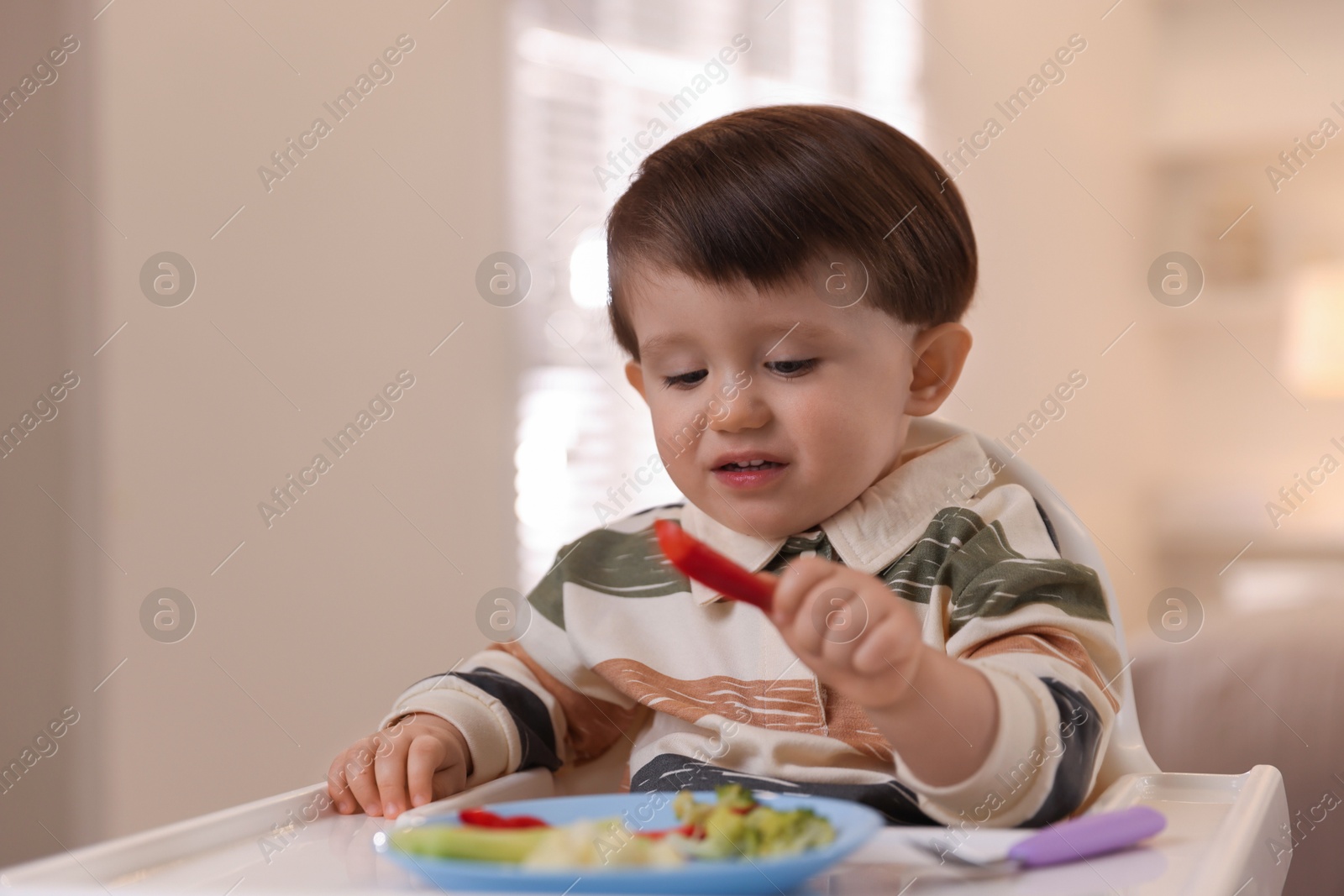 Photo of Cute little baby eating healthy food in high chair at home