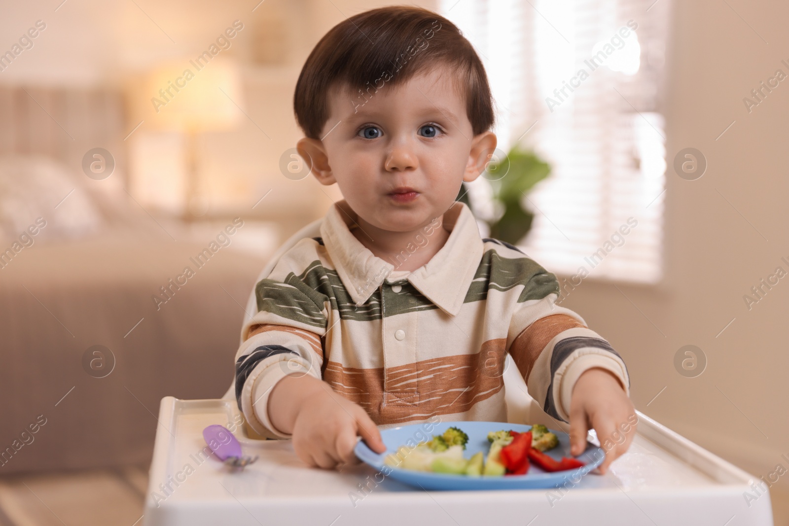 Photo of Cute little baby eating healthy food in high chair at home