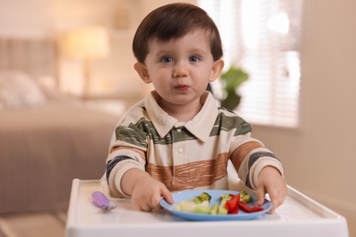 Photo of Cute little baby eating healthy food in high chair at home