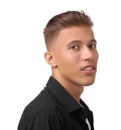 Photo of Confident young man with stylish haircut on white background