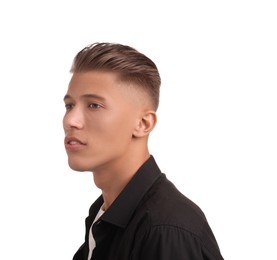 Photo of Confident young man with stylish haircut on white background