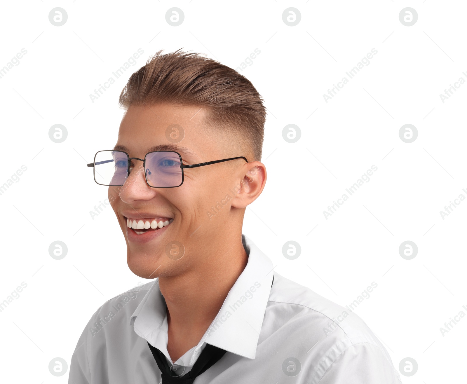 Photo of Smiling young man with stylish haircut on white background