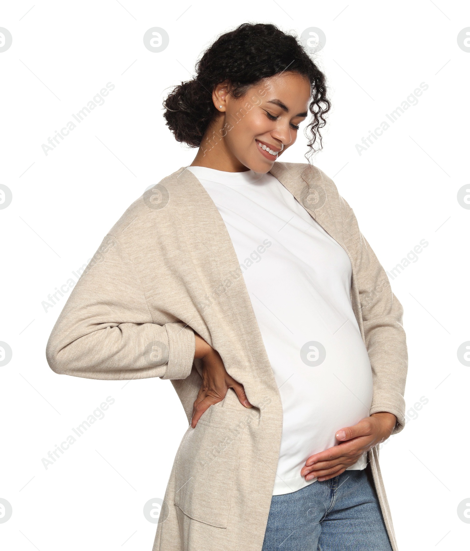 Photo of Portrait of beautiful pregnant woman on white background