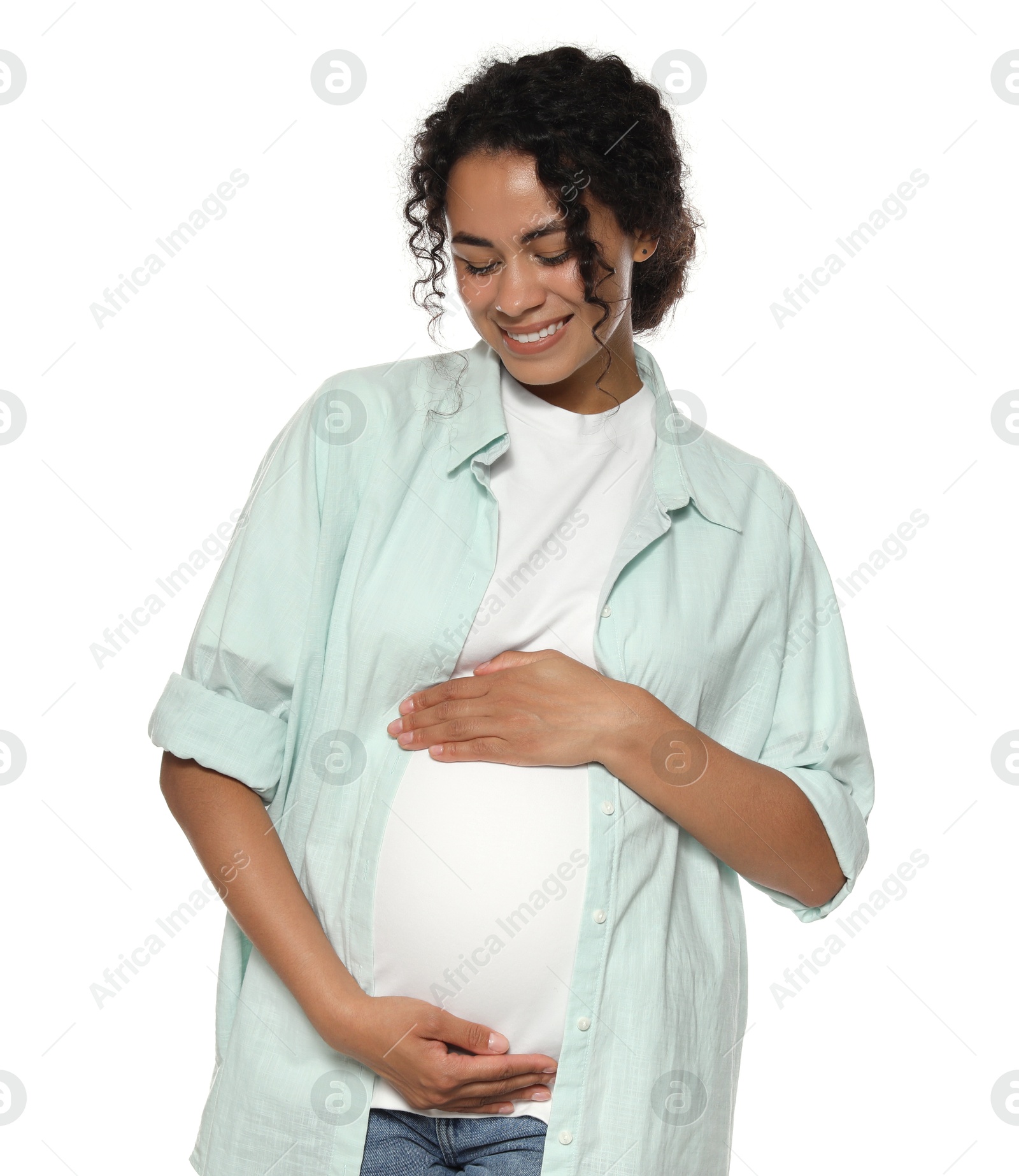 Photo of Portrait of beautiful pregnant woman on white background