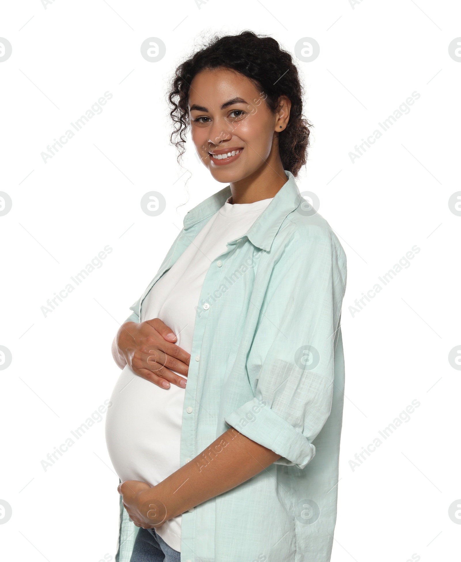 Photo of Portrait of beautiful pregnant woman on white background