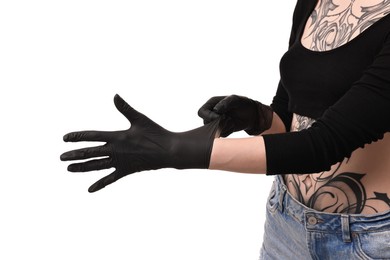 Photo of Professional tattoo artist wearing gloves on white background, closeup