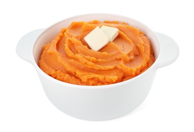 Photo of Tasty mashed sweet potato and butter in bowl isolated on white