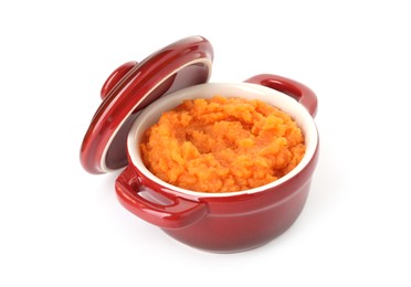 Photo of Tasty mashed sweet potato in pot isolated on white