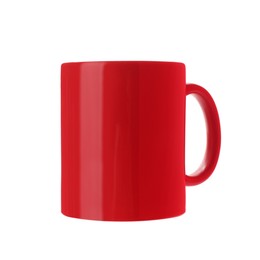 Photo of Red ceramic mug isolated on white. Mockup for design