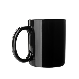 Photo of Black ceramic mug isolated on white. Mockup for design