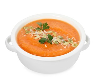 Photo of Delicious sweet potato soup with pumpkin seeds and parsley in bowl isolated on white