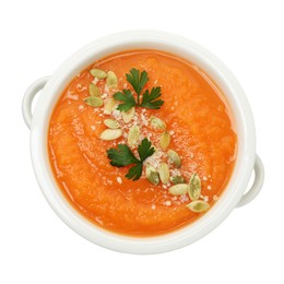 Photo of Delicious sweet potato soup with pumpkin seeds and parsley in bowl isolated on white, top view