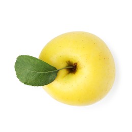 Photo of One fresh yellow apple isolated on white, top view