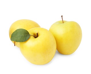 Photo of Fresh juicy yellow apples isolated on white