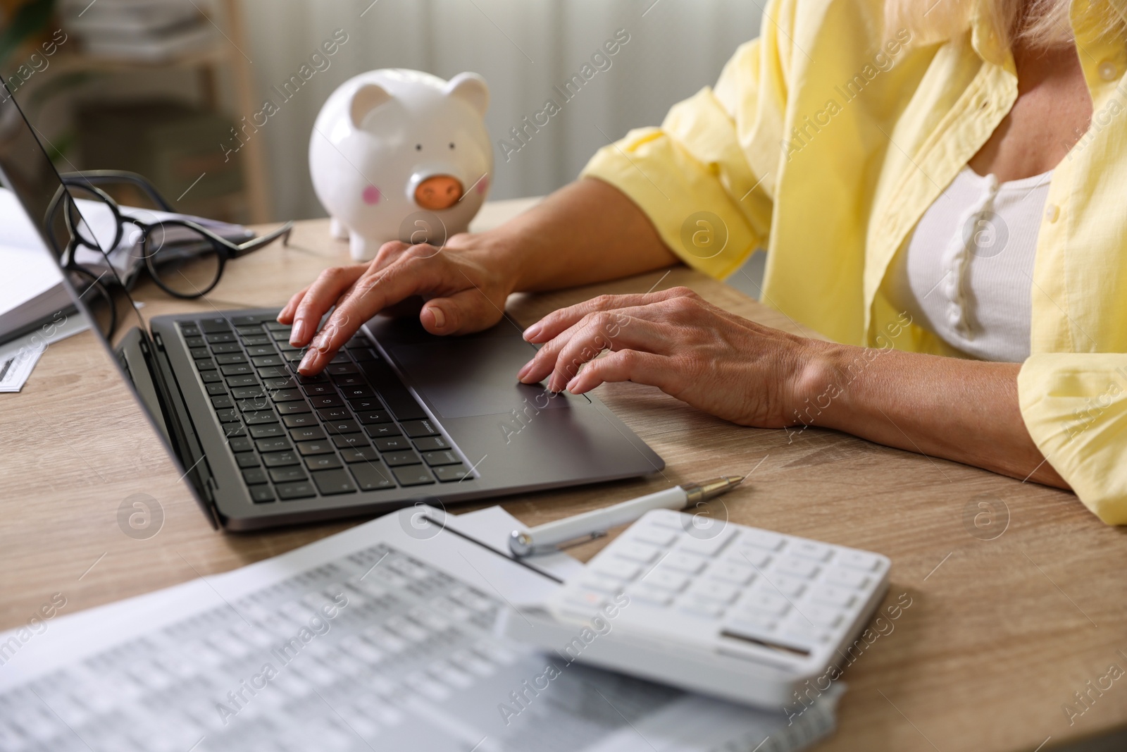 Photo of Budget planning. Woman using laptop at table indoors, closeup