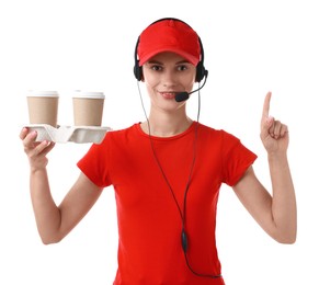 Photo of Fast-food worker with paper cups on white background