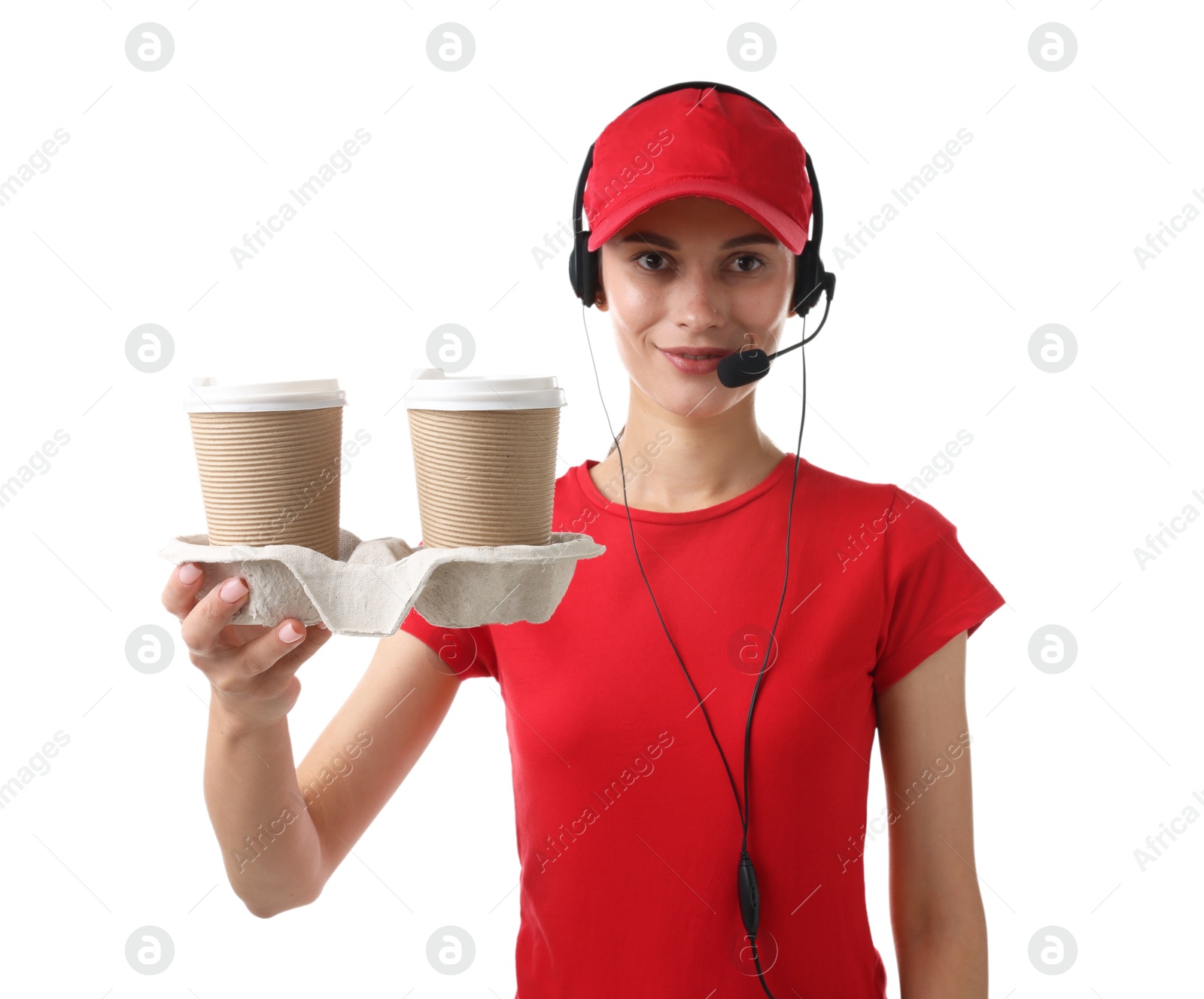 Photo of Fast-food worker with paper cups on white background