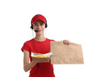 Photo of Fast-food worker with paper bag and fries on white background