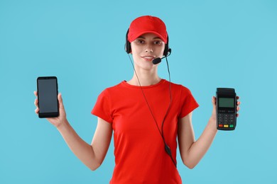 Fast-food worker smartphone and payment terminal on light blue background