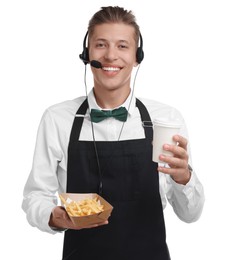 Fast-food worker holding paper container with fries and cup on white background